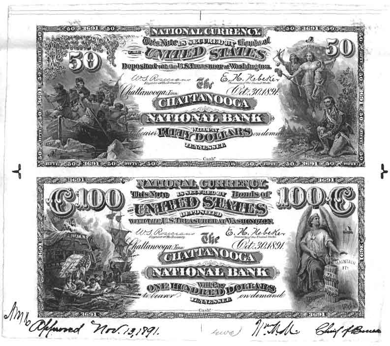 Chattanooga NB Sheet 1$50 1$100 10-3-1891 BEP